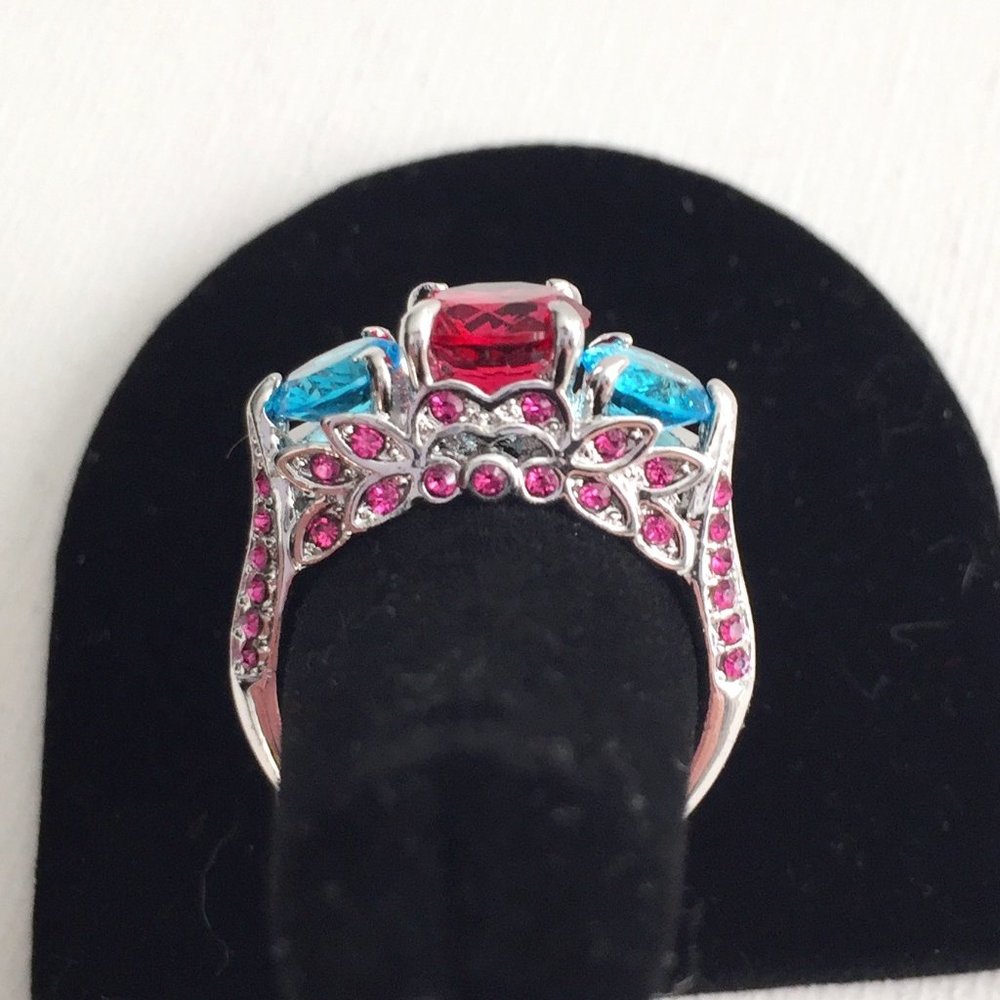 Pink & Blue Jeweled Silver tone Ring   7